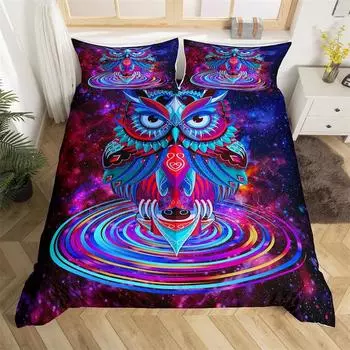 Watercolor Owl Duvet Cover Multicolor Wild Animals Comforter Cover Bohemian Abstract Birds Bedding Set Twin King For Kids Adults EU single(135x200cm)
