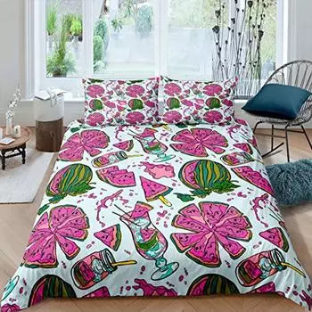Watermelon Comforter Cover Set Watercolor Watermelon Pattern Duvet Cover Fruits Theme Microfiber Bedding Set 3pcs for Kids Girls EU Single(135x200cm)