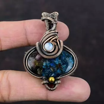 Подвеска с арбузным турмалином, подвеска с медной проволокой, подвеска с радужным лунным камнем, драгоценный камень, медная бижутерия, подвеска ручной работы, подарок другу