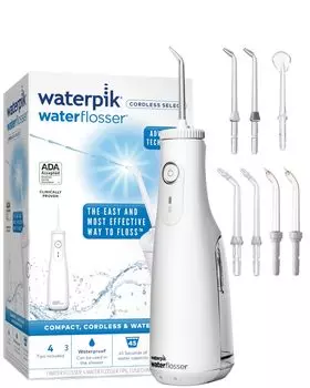 Waterpik Cordless Select 200 мл водонепроницаемый ирригатор для полости рта струйный очиститель ирригатор 7 насадок набор струй 1 очиститель языка 2 кармана для удаления зубного налета 2 искатель зубного налета