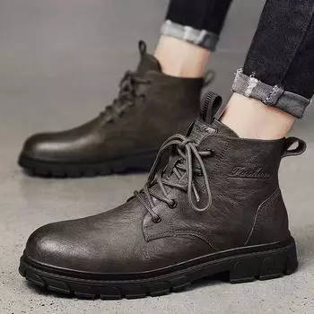 Waterproof and dirt-resistant soft-soled Martin boots men s autumn 2024 new high-top men s British casual black leather shoes tooling 39 чёрный