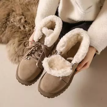 Водонепроницаемые нескользящие зимние ботинки для женщин, зимние ботинки из искусственной кожи, толстые плюшевые ботинки для женщин, теплые ботинки для мотоциклистов с искусственным мехом на шнуровке 35 чёрный
