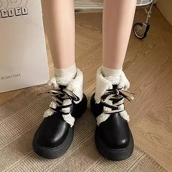 Waterproof PU Leather Snow Boots Women fashion Lacing Chunky Platform Cotton Shoes Woman 2024 Winter Thick Plush Warm Ankle Boot 36 бежевый