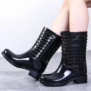 Waterproof rain boots female PVC mid boots women fashion rain shoes hot style girls rain boats 2024 36 чёрный