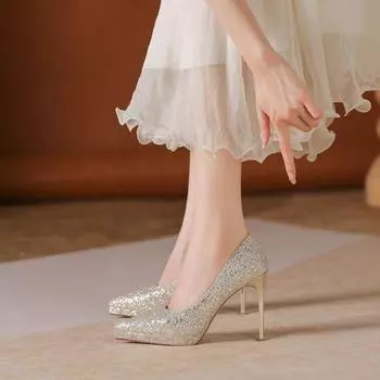 Waterproof table Internet celebrity super high heels bridesmaid shoes banquet temperament lady versatile wedding shoes 34 шампанского