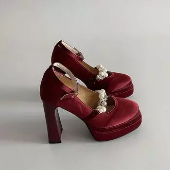 Waterproof table Mary Jane shoes women s spring new commuting heightened square head thick heel satin performance small leather shoes 34