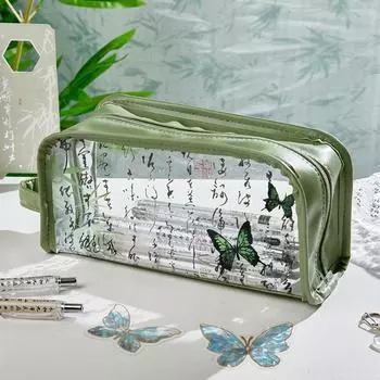 Waterproof Zippered Pencil Bag Chinese Ink Style Pencil Holder Stationery Storage розовый