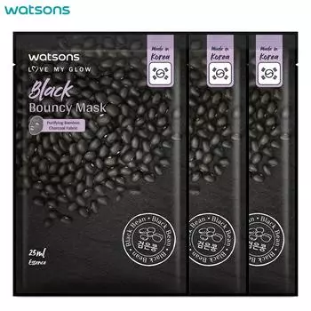 Watsons Love My Glow Black Bouncy Mask, ткань Purify Bamboo Charcoal, черная фасоль, 25 мл. x 3 шт. - Маска для лица, Тканевая маска 25 ml. x 3 pcs