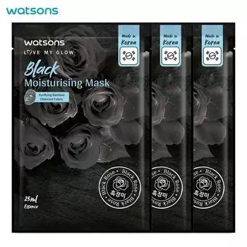 Watsons Love My Glow Black Увлажняющая маска, Purify Bamboo Charcoal Fabric, Черная роза, 25 мл. x 3 шт. - Маска для лица, Тканевая маска 25 ml. x 3 pcs