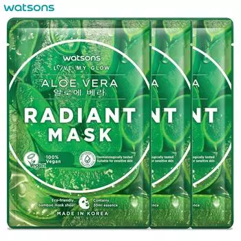 Watsons Love My Glow Сияющая маска с алоэ вера, 100% веганский, дерматологически протестировано, 30 мл. x 3 шт. - Маска для лица, Тканевая маска 30 ml. x 3 pcs
