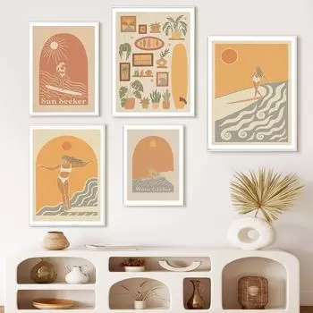 Wave Chaser Surf Girl Холст Картина Закат Пляжный Дом Прибрежные Растения Принты Скандинавские Плакаты для Серфинга Хижины Домашний Декор Фотографии 21x30cm No Framed фиолетовый