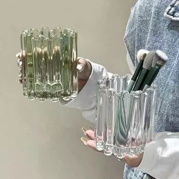 Wave Edge Stripe Makeup Brush Bucket Eyebrow Pencil Holder Simple Glass Ornament Desktop Storage Container прозрачный