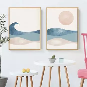 Wave Ocean Sun Posters Blue Beige Nautical Minimalist Art Prints Abstract Canvas Painting Modern Wall Picture Bedroom Home Decor 21x30cm No Framed