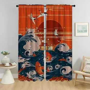 Wave Sun Window Curtain for Room 2 Panel Kitchen Curtains 2 Pieces Shades Home Interior Curtains Halloween Decoration Partition W50xH70cmx2pcs
