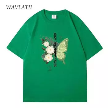 WAVLATII Новые женские футболки BV Green 100% хлопок женские футболки с принтом бабочек High Street женские повседневные топы с коротким рукавом WT2326 S