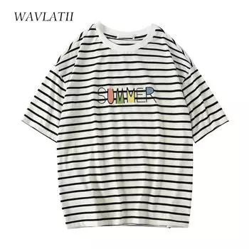 WAVLATII Новые женские футболки из хлопка и спандекса, женские свободные мягкие повседневные футболки, женские полосатые топы с коротким рукавом на лето WT2392 S