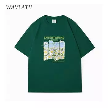 WAVLATII Новые женские желтые футболки с цветочным принтом, женские повседневные хлопковые мягкие футболки, женские зеленые топы с коротким рукавом на лето WT2402 S