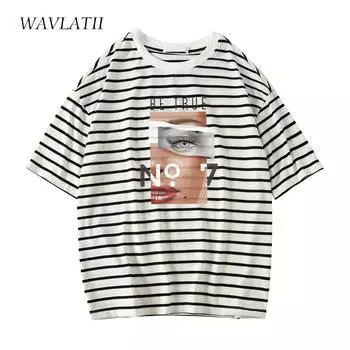 WAVLATII женские модные принтованные новые футболки женские классические полосатые свободные мягкие футболки с коротким рукавом топы на лето WT2270 S