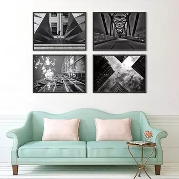 WCIC Художественные принты Черно-белое небо Здание Украшение моста Живопись Художественная ткань Домашний фон Украшение стены Картина Висячая картина 21*15cm