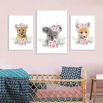 WCIC New Koala, Fheetah и Fox Animal Theme Poster Цветок и портрет животного Художественная ткань Домашний фон Украшение стены Подвесная картина 21*30cm