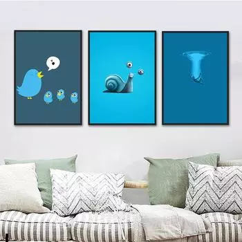 WCIC Новая Современная Синяя Простая Серия Маленькие Животные Тема Декоративная Живопись Художественная Ткань Домашний Фон Украшения Стены Подвесная Картина 15cm*21cm