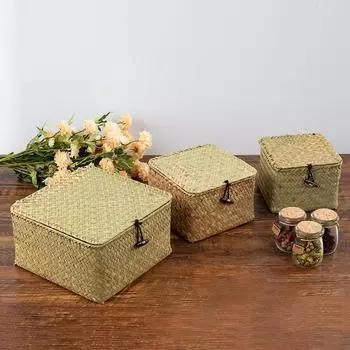 Домашний ящик для хранения из ротанга с крышкой, плетеная корзина для хранения из морских водорослей, корзина ручной работы, косметический плетеный контейнер для домашнего декора рабочего стола L