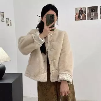 Wear a new design-sensitive thick coat on both sides, a new women s autumn and winter buckle environmentally friendly fluff imitation mink fur S абрикосовый