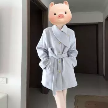 Wear a sweet woolen coat with a thickened waist and a blue woolen coat for women s new winter models S синий