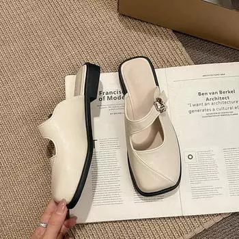 Wear flat bottom versatile square head cool slippers women s new spring and summer low heel retro lazy bag head half drag 35