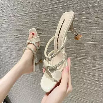 Wear one-word strap shoes summer shallow mouth open-toed women 2025 new versatile high-heeled Internet celebrity fashion rhinestone sandals 34