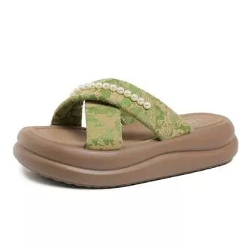 Wear summer thick-soled round head cool slippers new fashion pearl cross-strap sandals fashion beach shoes women 35