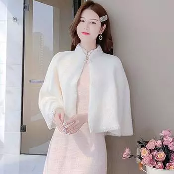 Ношение накидки поверх шали, кардигана, небольшого пальто и осенне-зимнего женского вязаного свитера one size белый