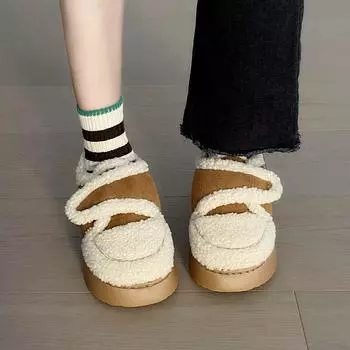 Wearing cotton shoes women autumn and winter lamb wool Korean version ins tide Internet celebrity warm velvet Velcro bag heel bread shoes 36 чёрный