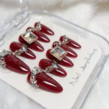 Wearing Handmade Of Wine Red Almond Shaped Nails Brides New Year High End XS