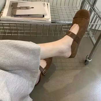 Wearing Mary Jane cool slippers retro women s bag head flat shoes lazy lady pedal summer new half drag 35 абрикосовый