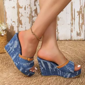 Ношение наклонного каблука с круглым носком, простые классные тапочки, женские туфли, летние популярные новые женские туфли, женские классные тапочки 35 джинсовый синий