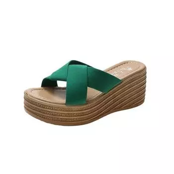 Wearing wedge heels slippers women s shoes summer new leopard print muffin one-word drag thick-soled beach cool slippers 34