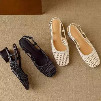 Плетеные босоножки с открытой пяткой, женские соломенные плетеные босоножки на низком каблуке, женские фирменные летние туфли с квадратным носком и ажурным узором 33 белый