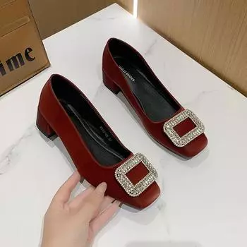 Wedding Bride Shoes Women Pumps 2024 Luxury Rhinestone Satin Square Toe Chunky Heel Wedding Silk Dress Shoes Bridal Shoes 35 вино красного