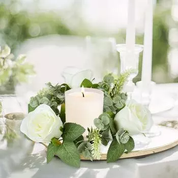 Wedding Candle Holder Artificial Rose Flower Wreath Leaves Candlestick Rings Christmas Party Centerpiece Table Home Decorations белый