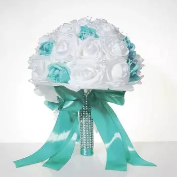 Wedding Hand Holding Bouquet Handmade Wedding Bouquets Silk Roses Bridal Bridesmaid Artificial Fake Flowers Toss Bouquet White/Blue синий/белый