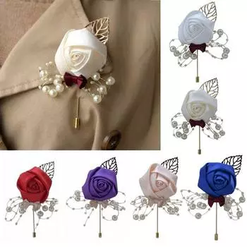 Wedding Imitation Pearls Groom Groomsman Artificial Flower Bouquet Brooch Pin Corsage Boutonniere фиолетовый