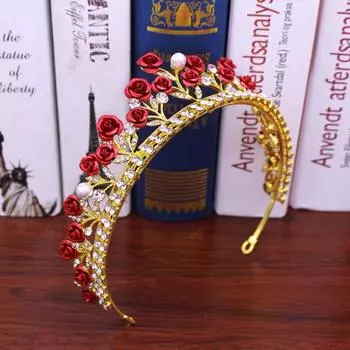 Wedding Jewelry Hair Accessories Zinc Zinc Alloy Gold Color Red Rose Diadem Headwear Bridal Tiara Hair Crown