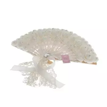 Wedding Lace Fabric White Pearl Rose Non-foldable Hand Fan Party Photo Props