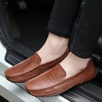 Wedding Party Man Dress Shoes Breath Lazy Loafers Moccasins All-match Leather Men Outdoor Footwear Slip on Office Man Lazy Shoes 38 чёрный