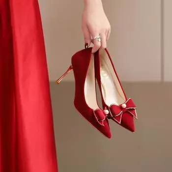 Wedding Shoes Bride Red Heels Pumps Stilito Middle Heel Elegant Woman Heeled Dress Pointed Toe Pearl Butterfly-knot Sweet Loafer 34