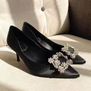 Свадебные туфли на высоком каблуке с квадратной пряжкой, женские туфли, новые весенние туфли из кожи и шелка со снежинками на шпильках 39