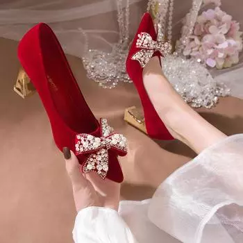 Wedding shoes thick heel pointed rhinestone bow suede high heels popular spring new Korean version Chinese wedding women s shoes 34