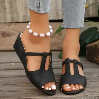 Wedge heel fish mouth sandals 2025 spring and summer new foreign trade large size I-shaped high heel cool slippers women s shoes 36 чёрный