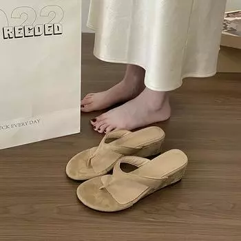 Wedge heel pinch foot flip-flop shoes women s shoes wear summer temperament red with skirt sandals high heels sandals 35